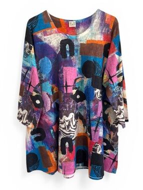 ET LOIS ART DECO ABSTRACT COLORFUL BUSINESS CASUAL LIGHTWEIGHT TUNIC TOP XL